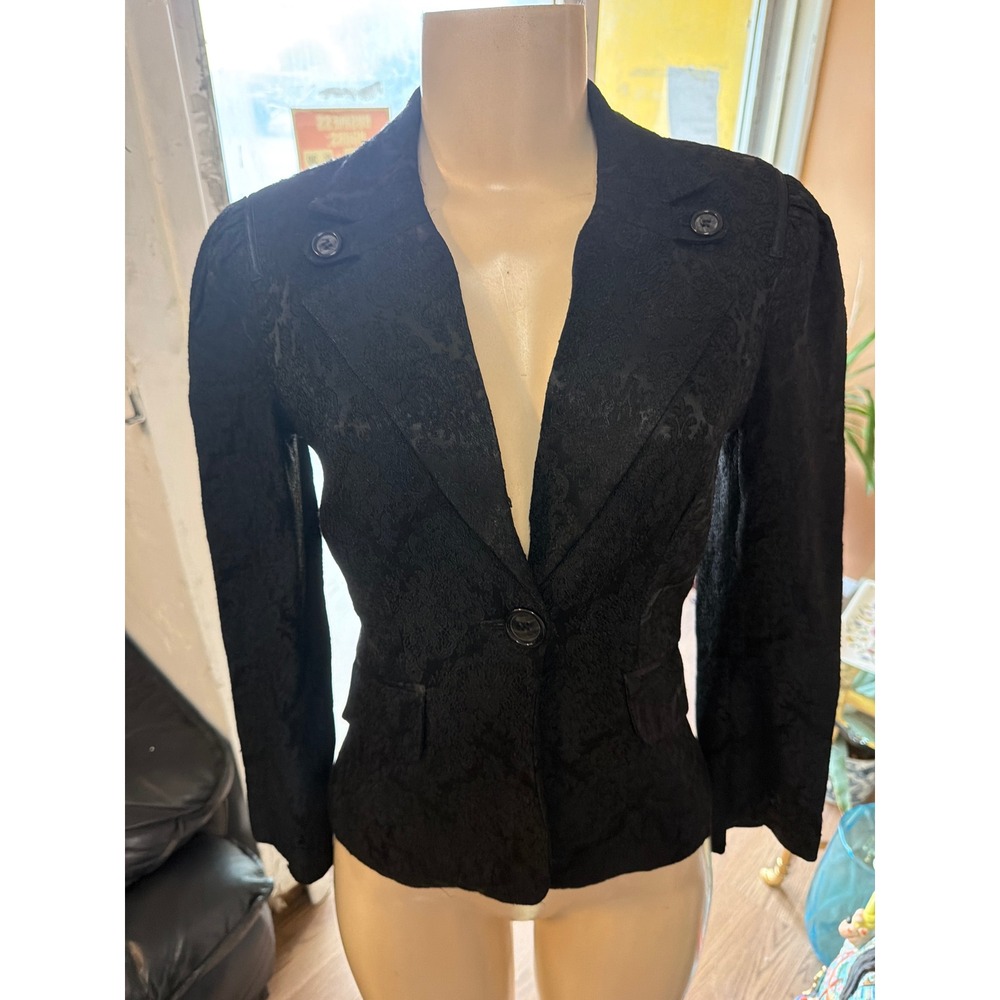 Black Damask Jacquard Single Button Blazer Jacket Puff Sleeve Split Back Size‎ 0